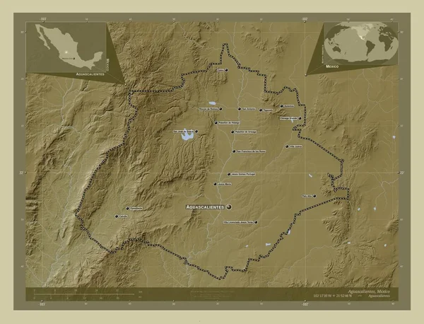 Aguascalientes Delstaten Mexiko Höjd Karta Färgad Wiki Stil Med Sjöar — Stockfoto