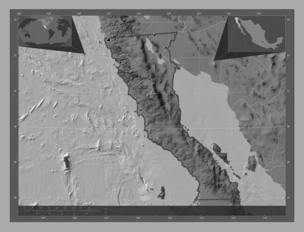 下加利福尼亚州 墨西哥州 带湖泊和河流的比尔维尔高程图 该区域主要城市的所在地点 角辅助位置图 — 图库照片