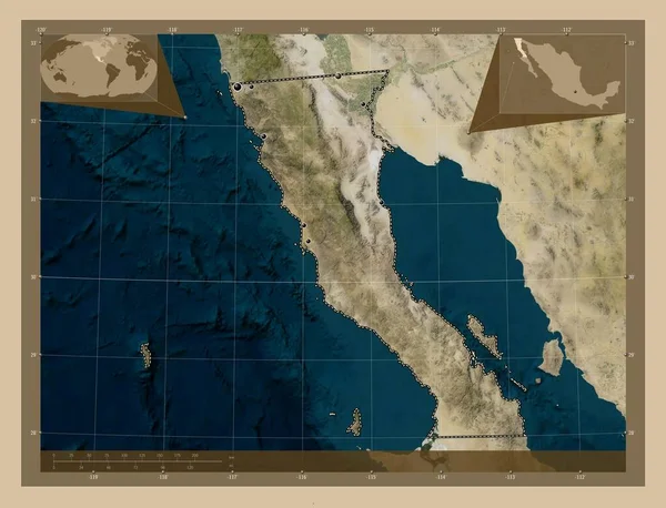 カリフォルニア メキシコの州 低解像度衛星地図 地域の主要都市の場所 コーナー補助位置図 — ストック写真