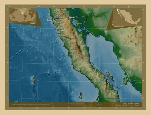 カリフォルニア メキシコの州 湖や川と色の標高マップ 地域の主要都市の位置と名前 コーナー補助位置図 — ストック写真