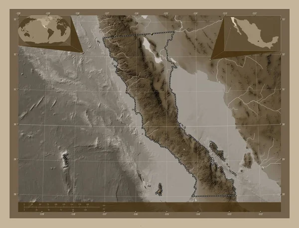 Μπάχα Καλιφόρνια Πολιτεία Του Μεξικού Υψόμετρο Χάρτη Χρωματισμένο Τόνους Σέπια — Φωτογραφία Αρχείου