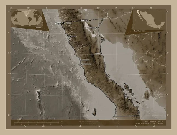 Baja California, Meksika eyaleti. Yükseklik haritası sepya tonlarında göller ve nehirlerle renklendirilmiş. Bölgenin büyük şehirlerinin yerleri ve isimleri. Köşedeki yedek konum haritaları