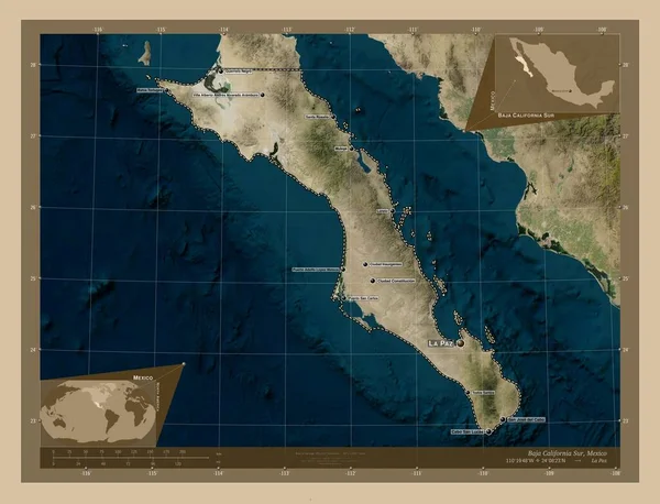 カリフォルニア スール メキシコの州 低解像度衛星地図 地域の主要都市の位置と名前 コーナー補助位置図 — ストック写真