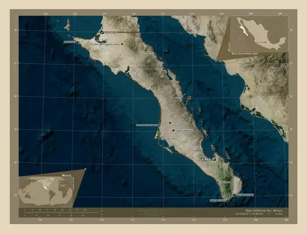 Baja California Sur Estado México Mapa Satelital Alta Resolución Ubicaciones — Foto de Stock