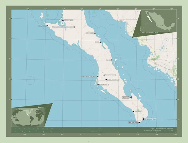 カリフォルニア スール メキシコの州 ストリートマップを開く 地域の主要都市の位置と名前 コーナー補助位置図 — ストック写真