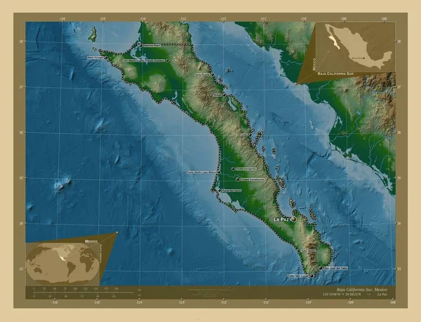Μπάχα Καλιφόρνια Σουρ Πολιτεία Του Μεξικού Χρωματιστός Υψομετρικός Χάρτης Λίμνες — Φωτογραφία Αρχείου