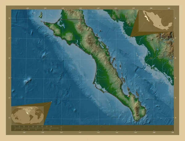 Нижняя Калифорния Штат Мексика Цветная Карта Высоты Озерами Реками Вспомогательные — стоковое фото