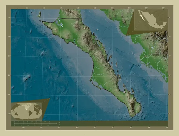南下加利福尼亚 墨西哥州 用Wiki风格绘制的带有湖泊和河流的高程地图 角辅助位置图 — 图库照片