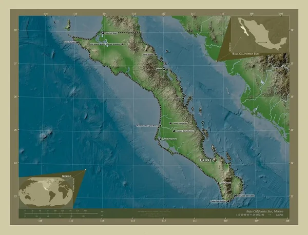 南下加利福尼亚 墨西哥州 用Wiki风格绘制的带有湖泊和河流的高程地图 该区域主要城市的地点和名称 角辅助位置图 — 图库照片