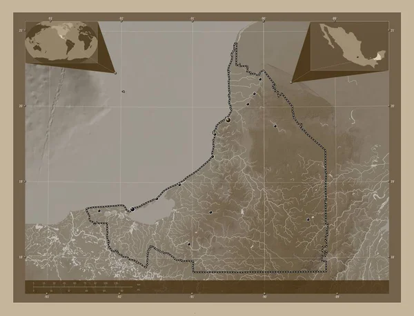 Кампече Штат Мексика Карта Высоты Окрашенная Сепиевые Тона Озерами Реками — стоковое фото