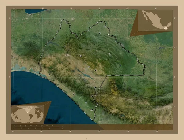 Chiapas Mexikó Állam Kis Felbontású Műholdas Térkép Régió Nagyvárosainak Elhelyezkedése — Stock Fotó