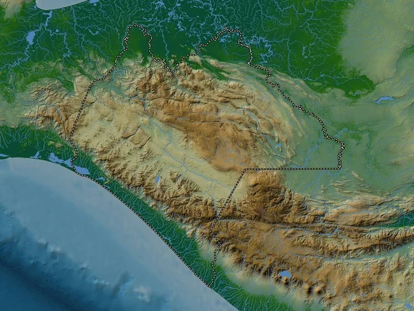 Chiapas, state of Mexico. Colored elevation map with lakes and rivers