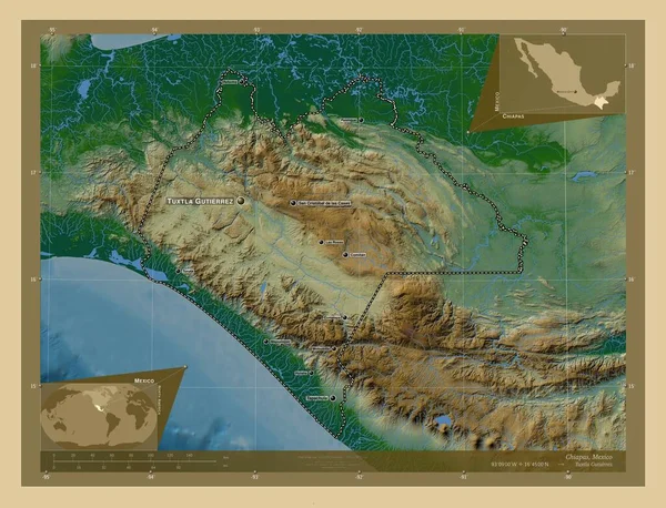 Chiapas Estado México Mapa Elevación Colores Con Lagos Ríos Ubicaciones — Foto de Stock