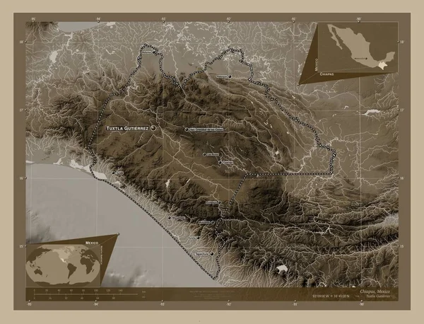 Chiapas Estado México Mapa Elevación Coloreado Tonos Sepia Con Lagos — Foto de Stock