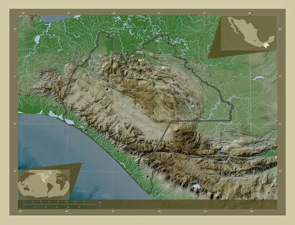 メキシコのチアパス州 湖や川とWikiスタイルで着色された標高マップ 地域の主要都市の場所 コーナー補助位置図 — ストック写真