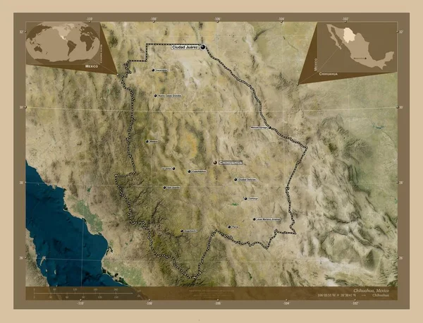 メキシコのチワワ州 低解像度衛星地図 地域の主要都市の位置と名前 コーナー補助位置図 — ストック写真