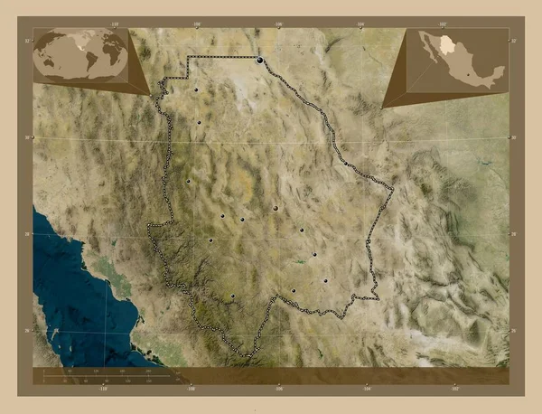 墨西哥奇瓦瓦州 低分辨率卫星地图 该区域主要城市的所在地点 角辅助位置图 — 图库照片