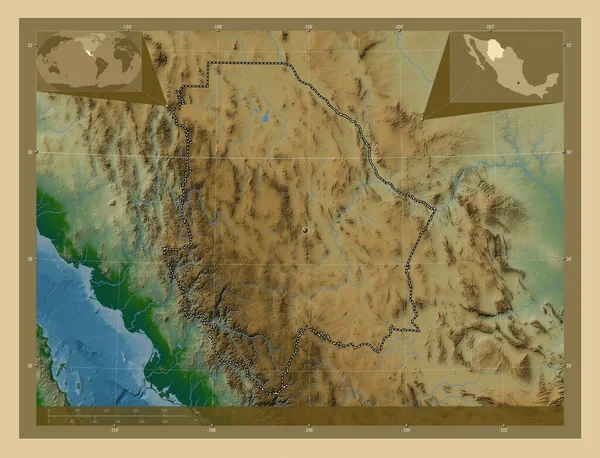 Чихуахуа Штат Мексика Цветная Карта Высоты Озерами Реками Вспомогательные Карты — стоковое фото