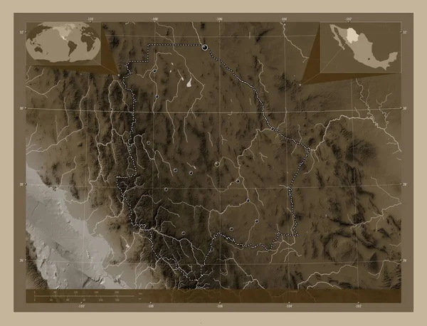 Чихуахуа Штат Мексика Карта Высоты Окрашенная Сепиевые Тона Озерами Реками — стоковое фото
