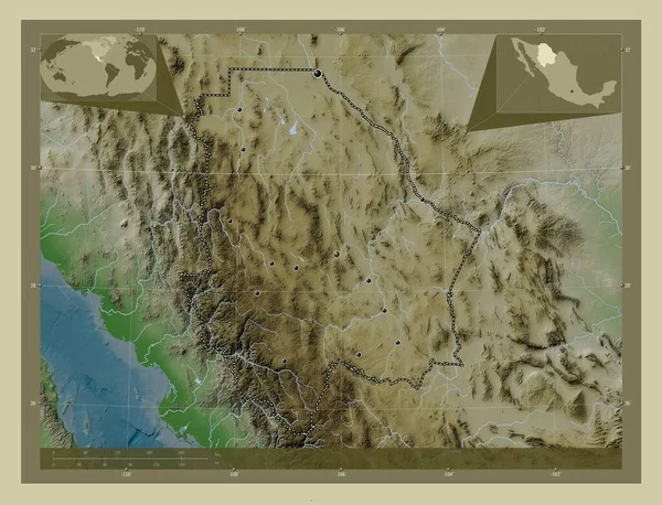 墨西哥奇瓦瓦州 用Wiki风格绘制的带有湖泊和河流的高程地图 该区域主要城市的所在地点 角辅助位置图 — 图库照片