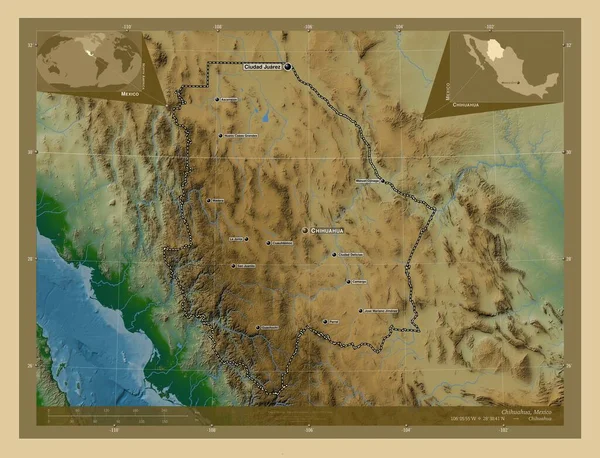 Chihuahua Mexikó Állam Színes Domborzati Térkép Tavakkal Folyókkal Régió Nagyvárosainak — Stock Fotó