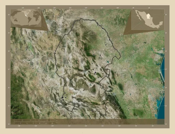 コアウイラ メキシコの州 高解像度衛星地図 地域の主要都市の場所 コーナー補助位置図 — ストック写真