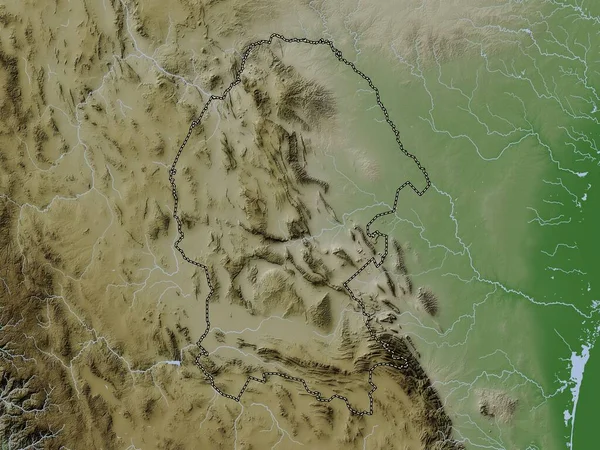 Coahuila, Meksika eyaleti. Yükseklik haritası göller ve nehirlerle wiki stilinde renklendirilmiştir