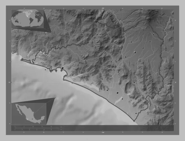 Colima State Mexico Grayscale Elevation Map Lakes Rivers Locations Major — Stock Photo, Image