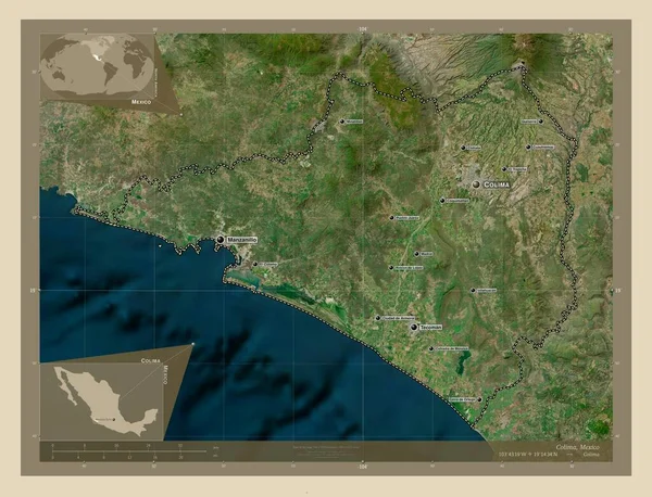 科利马 墨西哥州 高分辨率卫星地图 该区域主要城市的地点和名称 角辅助位置图 — 图库照片