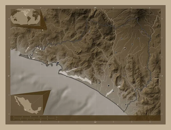 Kolyma Stát Mexiko Zdvihová Mapa Zbarvená Sépiovými Tóny Jezery Řekami — Stock fotografie