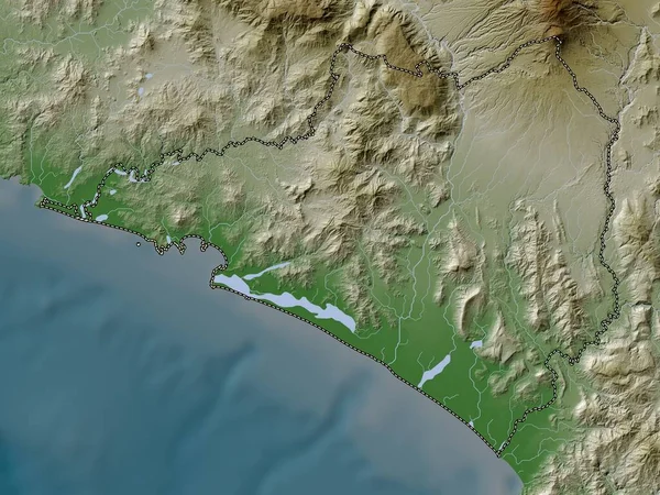 Colima, state of Mexico. Elevation map colored in wiki style with lakes and rivers