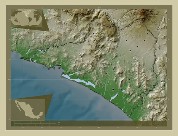 コリマ メキシコの州 湖や川とWikiスタイルで着色された標高マップ 地域の主要都市の場所 コーナー補助位置図 — ストック写真