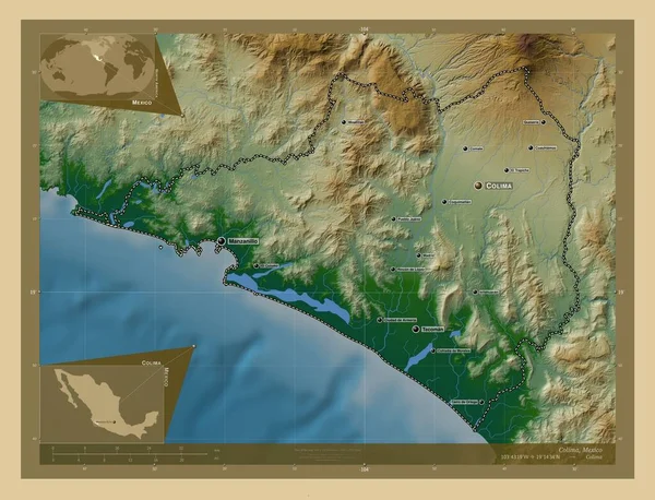 科利马 墨西哥州 有湖泊和河流的彩色高程图 该区域主要城市的地点和名称 角辅助位置图 — 图库照片