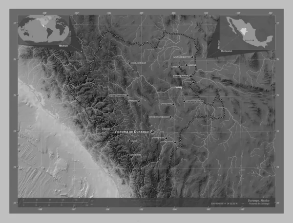 Durango Stan Meksyk Mapa Wzniesień Skali Szarości Jeziorami Rzekami Lokalizacje — Zdjęcie stockowe