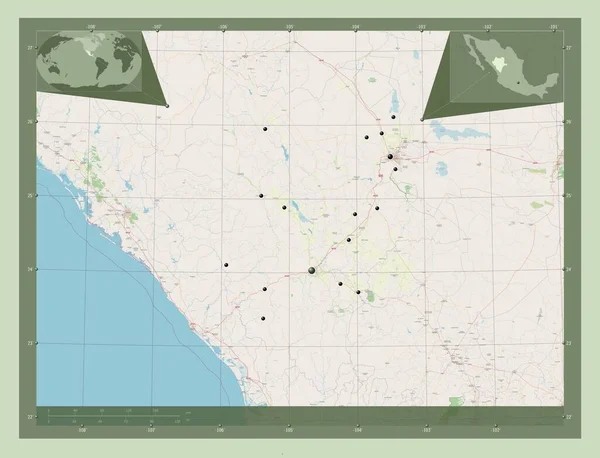 デュランゴ メキシコの州 ストリートマップを開く 地域の主要都市の場所 コーナー補助位置図 — ストック写真