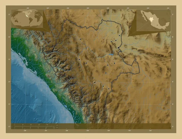 杜兰戈州 墨西哥州有湖泊和河流的彩色高程图 该区域主要城市的所在地点 角辅助位置图 — 图库照片