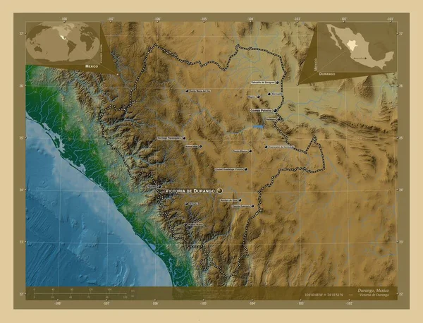 Durango Mexikó Állam Színes Domborzati Térkép Tavakkal Folyókkal Régió Nagyvárosainak — Stock Fotó