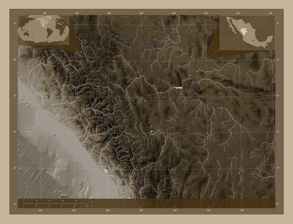 Durango Bundesstaat Mexiko Höhenkarte Sepiatönen Mit Seen Und Flüssen Standorte — Stockfoto