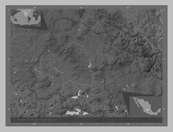 Guanajuato State Mexico Grayscale Elevation Map Lakes Rivers Corner Auxiliary — Stock Photo, Image