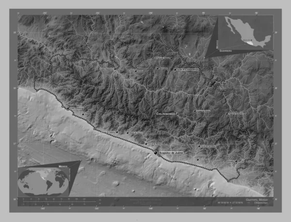 Guerrero Bundesstaat Mexiko Graustufen Höhenkarte Mit Seen Und Flüssen Orte — Stockfoto