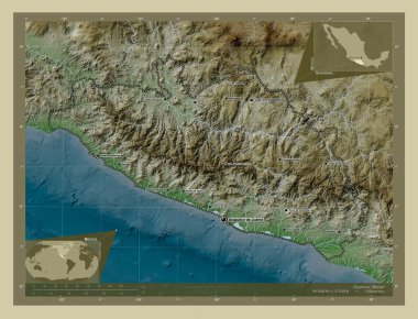 Guerrero, Meksika Eyaleti. Yükseklik haritası göller ve nehirlerle wiki tarzında renklendirilmiş. Bölgenin büyük şehirlerinin yerleri ve isimleri. Köşedeki yedek konum haritaları