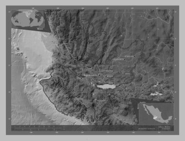 Jalisco, Meksika Eyaleti. Gölleri ve nehirleri olan gri tonlama yükseklik haritası. Bölgenin büyük şehirlerinin yerleri ve isimleri. Köşedeki yedek konum haritaları