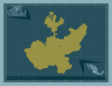 Jalisco, Meksika Eyaleti. Katı renk şekli. Bölgenin büyük şehirlerinin yerleri. Köşedeki yedek konum haritaları