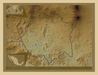 Morelos, Meksika Eyaleti. Gölleri ve nehirleri olan renkli yükseklik haritası. Bölgenin büyük şehirlerinin yerleri. Köşedeki yedek konum haritaları