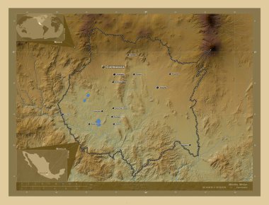 Morelos, Meksika Eyaleti. Gölleri ve nehirleri olan renkli yükseklik haritası. Bölgenin büyük şehirlerinin yerleri ve isimleri. Köşedeki yedek konum haritaları