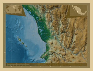 Nayarit, Meksika Eyaleti. Gölleri ve nehirleri olan renkli yükseklik haritası. Bölgenin büyük şehirlerinin yerleri. Köşedeki yedek konum haritaları