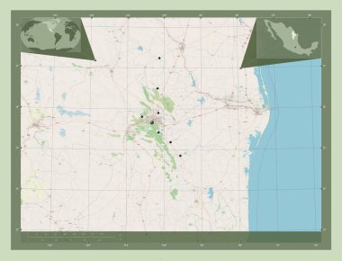 Nuevo Leon, Meksika Eyaleti. Açık Sokak Haritası. Bölgenin büyük şehirlerinin yerleri. Köşedeki yedek konum haritaları