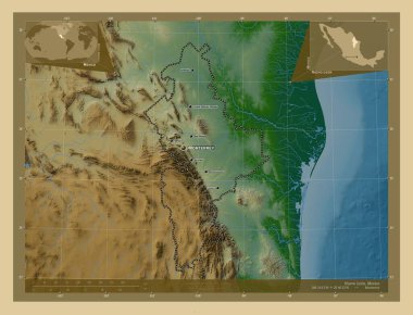 Nuevo Leon, Meksika Eyaleti. Gölleri ve nehirleri olan renkli yükseklik haritası. Bölgenin büyük şehirlerinin yerleri ve isimleri. Köşedeki yedek konum haritaları