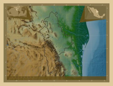 Nuevo Leon, Meksika Eyaleti. Gölleri ve nehirleri olan renkli yükseklik haritası. Bölgenin büyük şehirlerinin yerleri. Köşedeki yedek konum haritaları