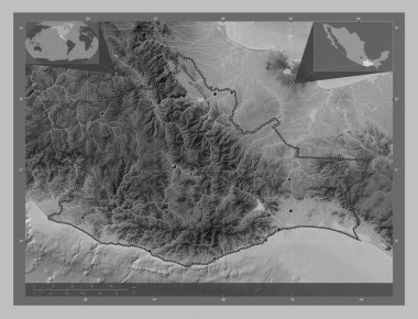 Oaxaca, Meksika Eyaleti. Gölleri ve nehirleri olan gri tonlama yükseklik haritası. Bölgenin büyük şehirlerinin yerleri. Köşedeki yedek konum haritaları